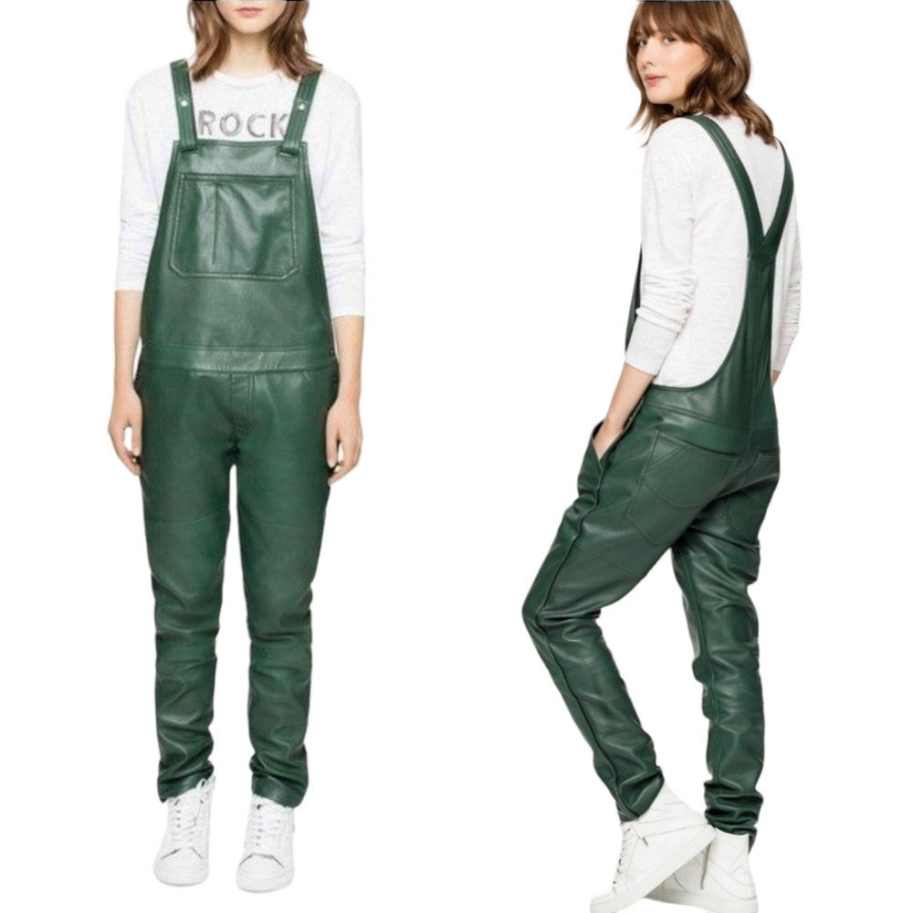 Zadig & Voltaire Sydney Deluxe Leather Overalls Lamb Jumpsuit Green Size 34/XS